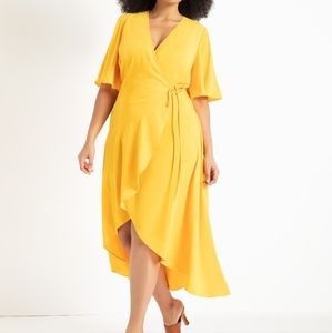 Eloquii Flare Sleeve Maxi High-Low Yellow Wrap Dress